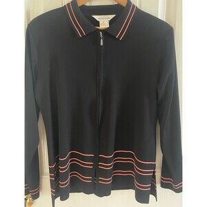 Misook Black Peach Pink Knit Jacket Top M Zip Front Stripe
